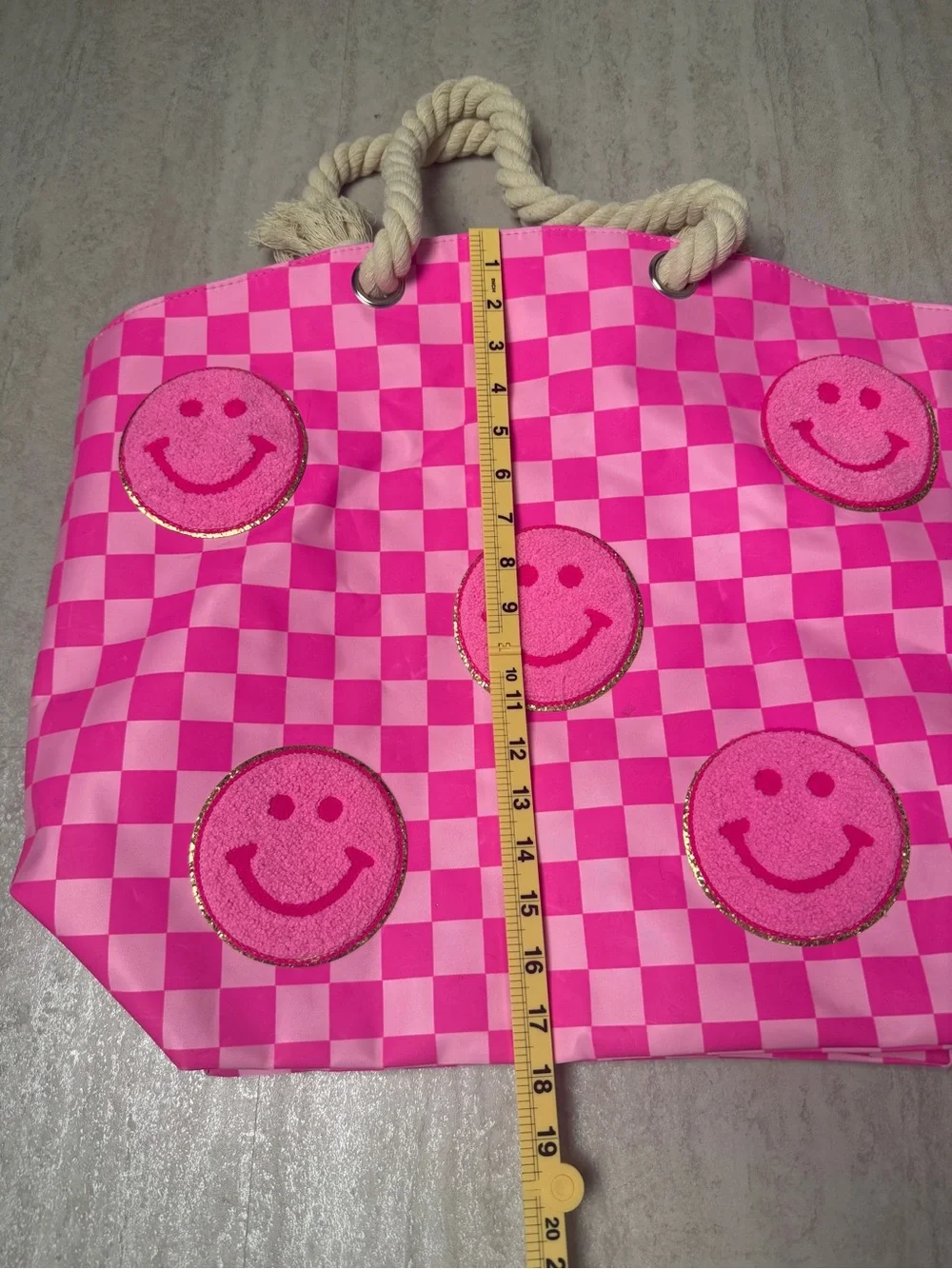 Pink Checkered Tote with Glitter Smiley face patches beach bag